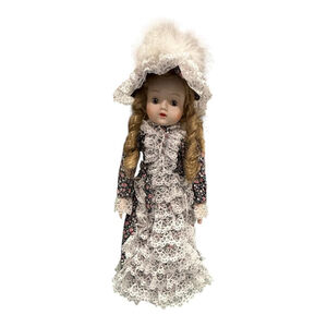 Vintage Victorian Style Porcelain Girl Doll Floral Lace Dress Bonnet Collectible